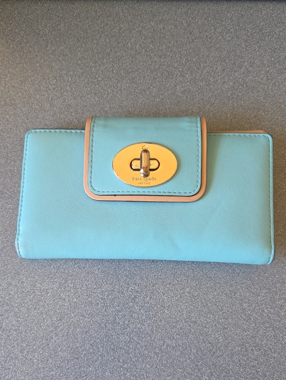 kate spade Turquoise Leather Wallet with Tan Trim and Gold Turn-Lock